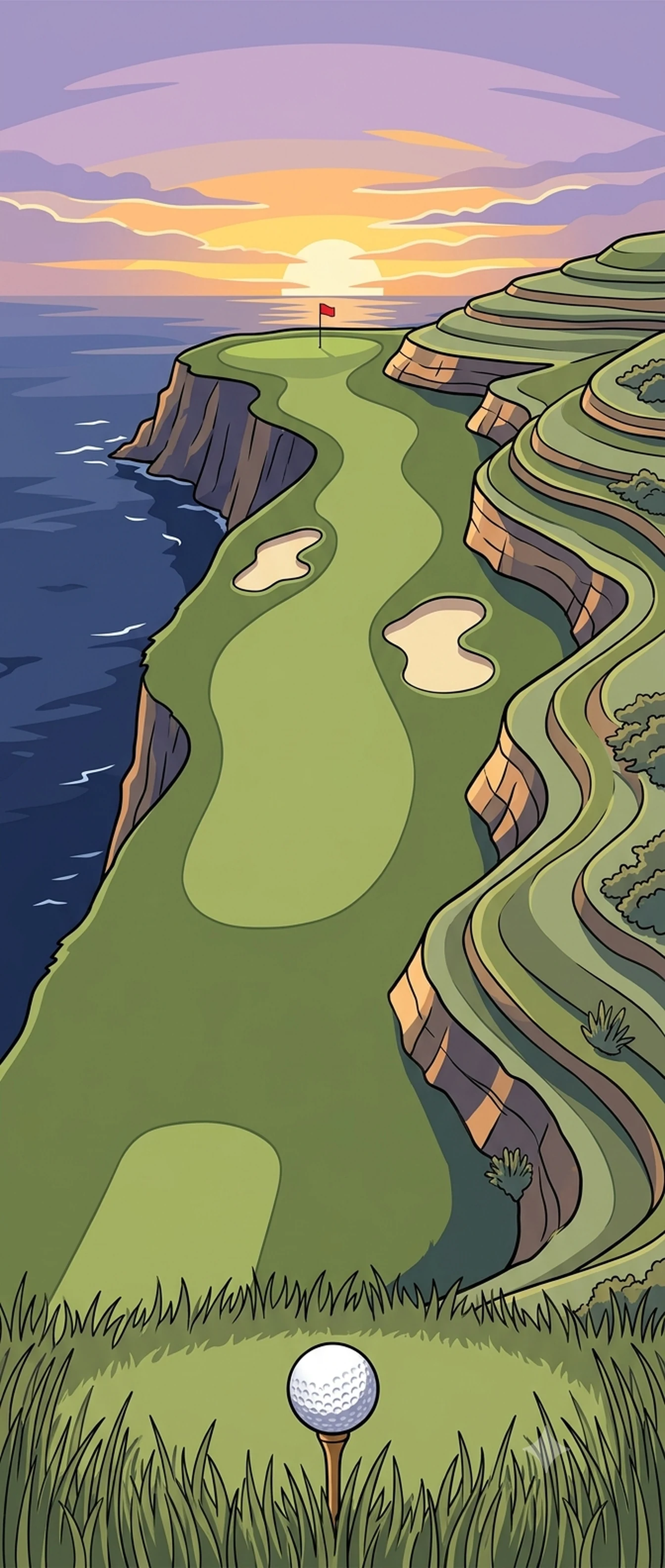 Illustrated cliffside golf tee shot at sunset